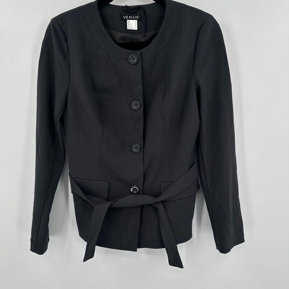 Venus Blazer Jacket Womens 2 Gray Lined Tie Waist Single Breasted Button Front